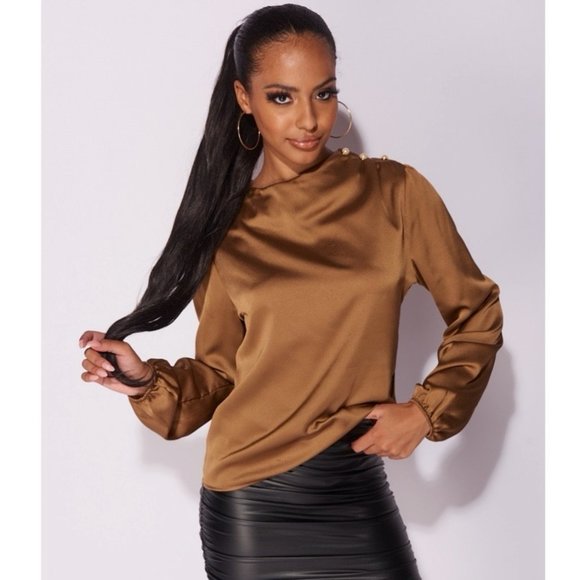 Brown Satin Silk Long Sleeve Blouse Top - Picture 5 of 12